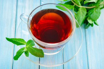 cup of black tea with mint leaves © Lazy_Bear