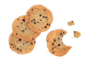 chocolate chip cookies one half eaten on white background
