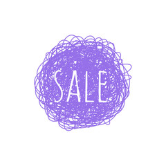 Sale grunge badge - promotion banner with ultra violet scratches in form of round and sign isolated on white background. Geometric graphic element with ingrained texture, vector illustration.