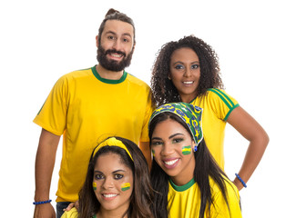 Brazilian group of fans celebrating on football match on white background.