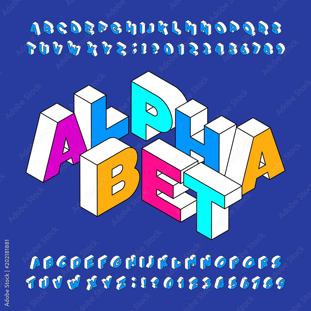 Fototapete isometric alphabet font. three-dimensional effect bold letters and numbers. stock vector typeface fo