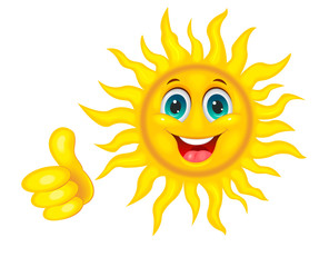 Smiling beautiful sun.Smiling sun and hand with a finger raised up.  