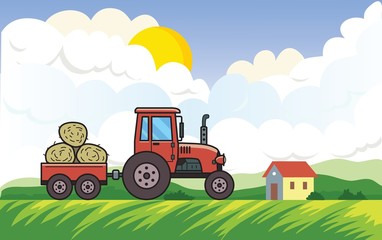 Tractor with trolley full of hay on rural landscape background with the sun, clouds and a house. Red vehicle on green meadow in the countryside. Flat vector illustration. Horizontal.
