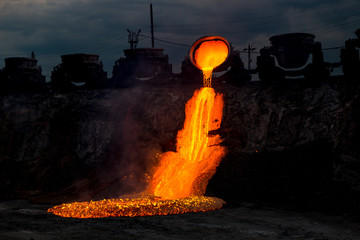Domestic slag discharge at the iron foundry, industrial landscape