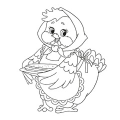Cute cartoon character chicken. Grandmother with pancakes. Vector isolated on white background. Coloring book page. Hand drawing.
