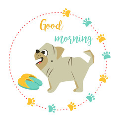 Bright card with cute pug and text