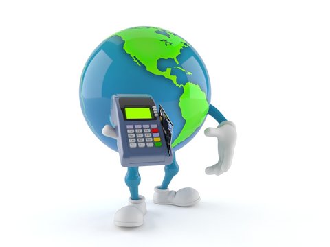World globe character holding credit card reader