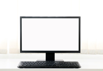 Computer, Desktop PC. for business ,background blur of curtain window.copy space.