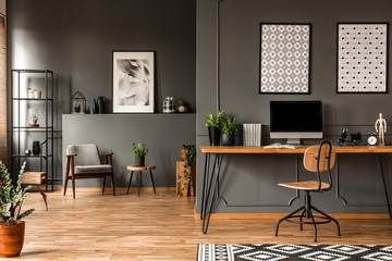Grey home office interior - obrazy, fototapety, plakaty