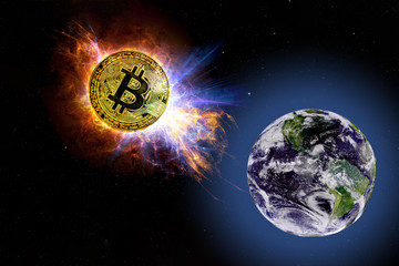 Gold coin of Bitcoin falls to the ground from space.