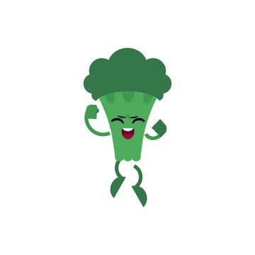 Broccoli celebrating success and jumping up with happy expression. Flat cartoon isolated character of green useful vegetable achieved victory for healthy lifestyle concept. Vector illustration.