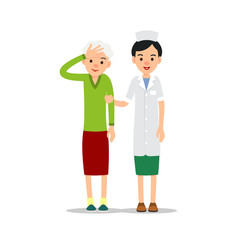 Nurse and patient. Young physician stands and supports an elderly woman. Cartoon illustration isolated on white background in flat. Full length portrait of doctor woman, physician or medical assistant