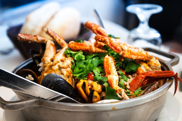 closeup mix seafood soup pot