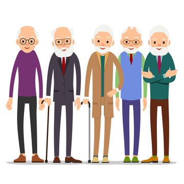 Group of old people. Older man character in various poses. Man in suit, shirt and tie. Set cartoon illustration isolated on white background in flat style