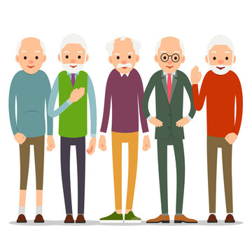 Group of old people. Older man character in various poses. Man in suit, shirt and tie. Set cartoon illustration isolated on white background in flat style