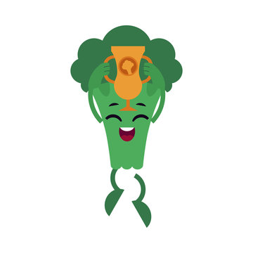 Broccoli with gold cup celebrating success and jumping up with happy expression. Flat cartoon isolated character of green useful vegetable achieved victory. Vector illustration.