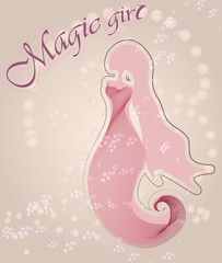 Pink background with a magic girl and an inscription. Advertising leaflet or banner. Silhouette of a girl in warm, soft colors