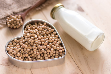 Soy milk and soybean on wooden background, alternatime source of protein for vagetarian