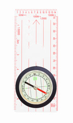 Compass with ruler isolated on the white background. Compass with 3 types of rulers of different measures crafted from Plexiglas. Isolated compass with a ruler from Plexiglas in the shape of rectangle