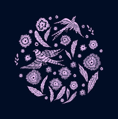 Beautiful flowers and birds pattern in retro style hand drawn. Spring summer season.Vector illustration for textile print. Embroidery design. Line art.