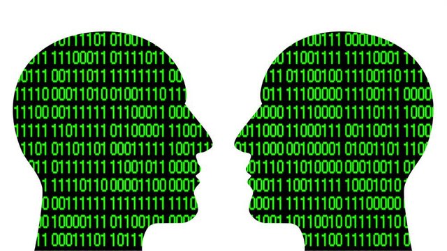 4k Brain head connect the matrix style binary code,people man thinking expanding AI artificial intelligence science,future tech animation creative background,two people face each other.
