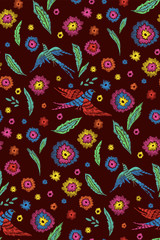 Beautiful flowers and birds seamless pattern in retro style hand drawn. Spring summer season.Vector illustration. Embroidery design. Line art.