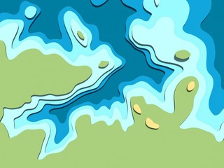 3D digital conceptual high-altitude topographic map. Sea, Peninsula, mountains, hills, valleys. 3D rendering, abstract drawing. The concept maps. Rugged terrain. Cartography and topology.