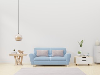 Fototapeta na wymiar Modern living room interior with sofa and green plants,lamp,table,cabinet on blue wall background. 3d rendering.