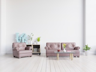 Living room with leather sofa, plants and cabinet on empty white wall background. 3D rendering.