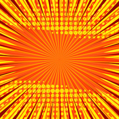 Obraz premium Abstract comic orange background for style pop art design. Retro burst template backdrop. Light rays effect. Vintage comic book style, halftone modern print texture, vector.