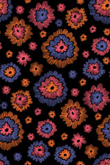 Fototapeta na wymiar Beautiful flowers seamless pattern in retro style hand drawn. Spring summer season.Vector illustration. Embroidery design. Line art.