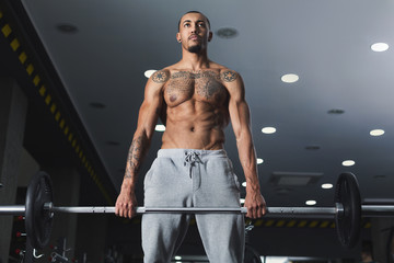 Fototapeta na wymiar Muscular bodybuilder doing heavy deadlifts at gym