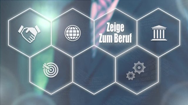 A businessman pressing a Way To Work "Zeige Zum Beruf" button in German on a futuristic computer  display