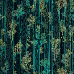 Бесшовный векторный узор из высоких деревьев с листьями и прямыми стволами, яркие контуры на темном синем фоне