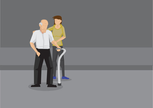 Caregiver Helping Old Man Cross the Road Cartoon Vector Illustration