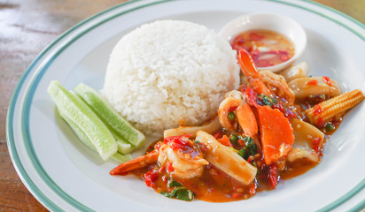 Thai spicy herb seafood stir fried