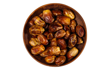 Dried date fruits in ceramic plate isolated on white background
