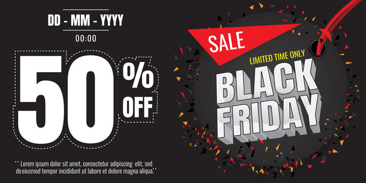 Black Friday sale banner. Vector illustration on white background. discount 50%