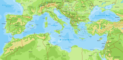 Mittelmeerkarte - Farbig detailliert