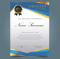 Obraz premium Certificate template with luxury and modern pattern, appreciation award diploma template of blue color and gold shapes and badge.