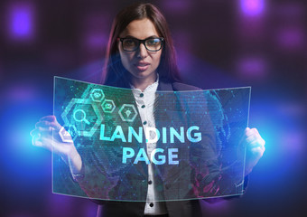The concept of business, technology, the Internet and the network. A young entrepreneur working on a virtual screen of the future and sees the inscription: Landing page