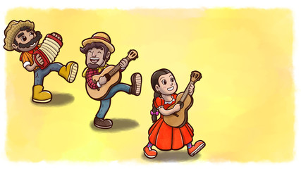 Three cheerful people playing instruments and dancing in a Brazilian Festa Junina party. Yellow watercolor background with flags and text.