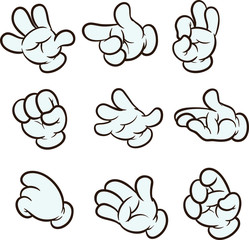 Cartoon four fingered gloves with different gestures. Vector clip art illustration. Each one on a separate layer. 