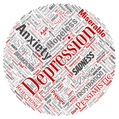 Vector conceptual depression or mental emotional disorder problem round circle red word cloud isolated background. Collage of anxiety sadness, negative sad, despair, unhappy, frustration symptom