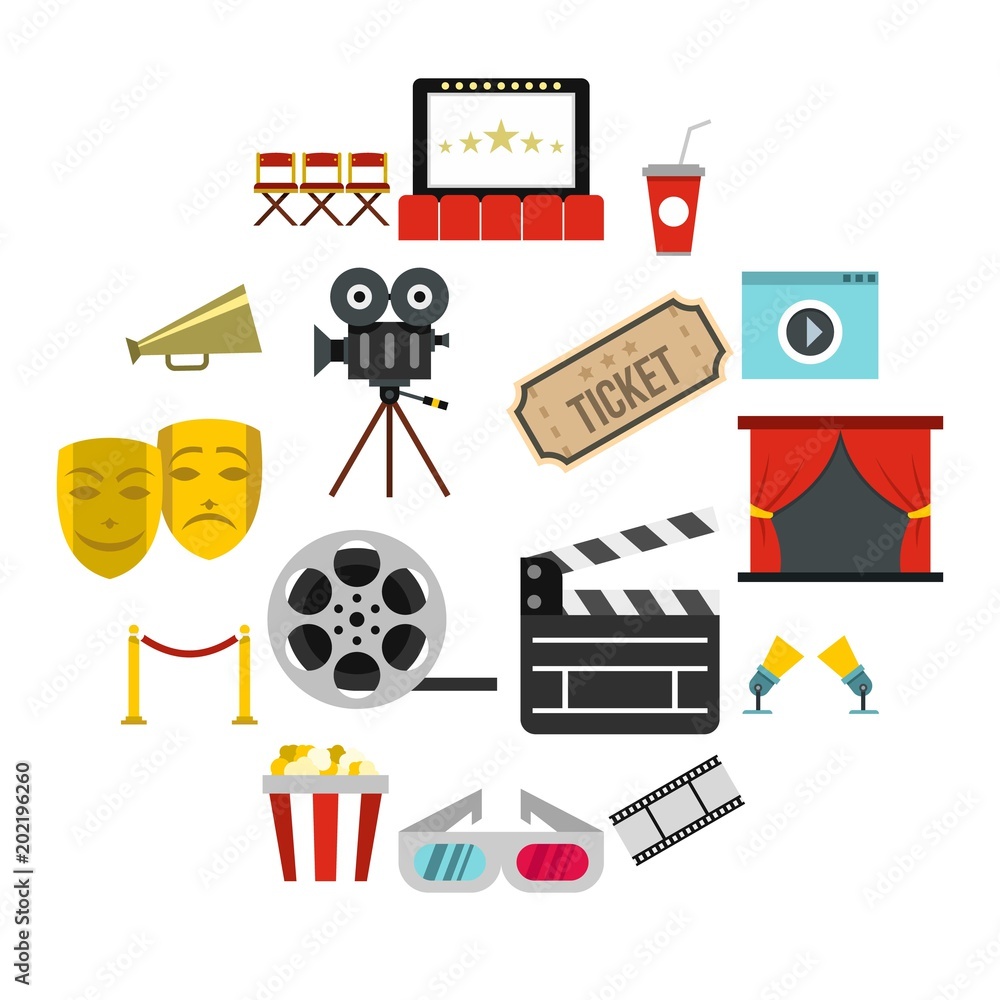 Poster flat cinema icons set. universal cinema icons to use for web and mobile ui, set of basic cinema elem
