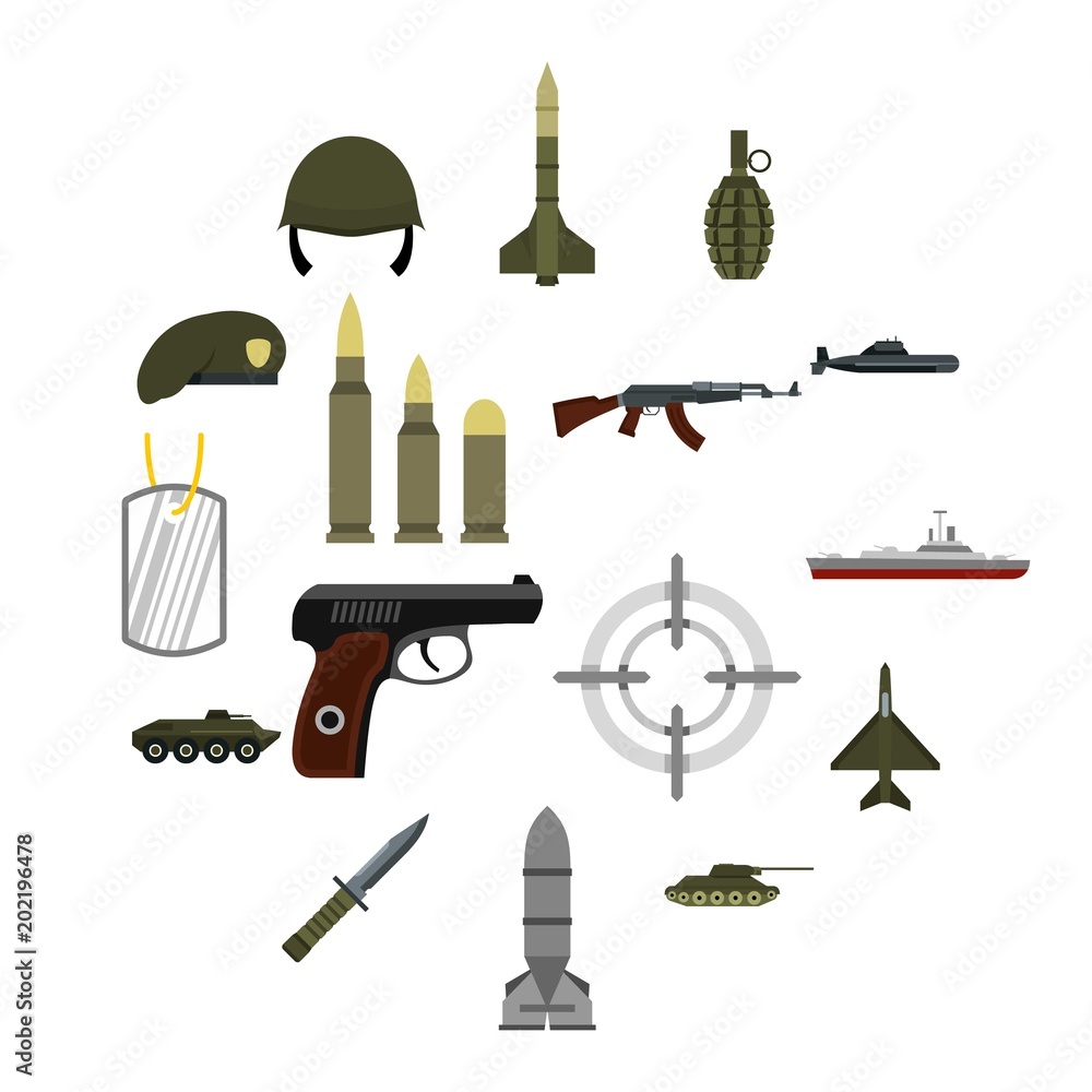 Poster flat military icons set. universal military icons to use for web and mobile ui, set of basic militar
