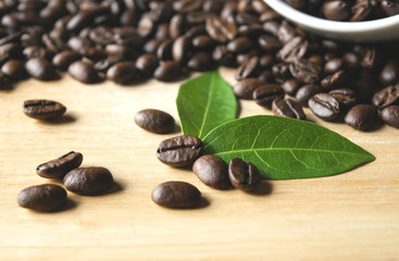 coffee bean in cup with the leaves on wooden and dark background.
