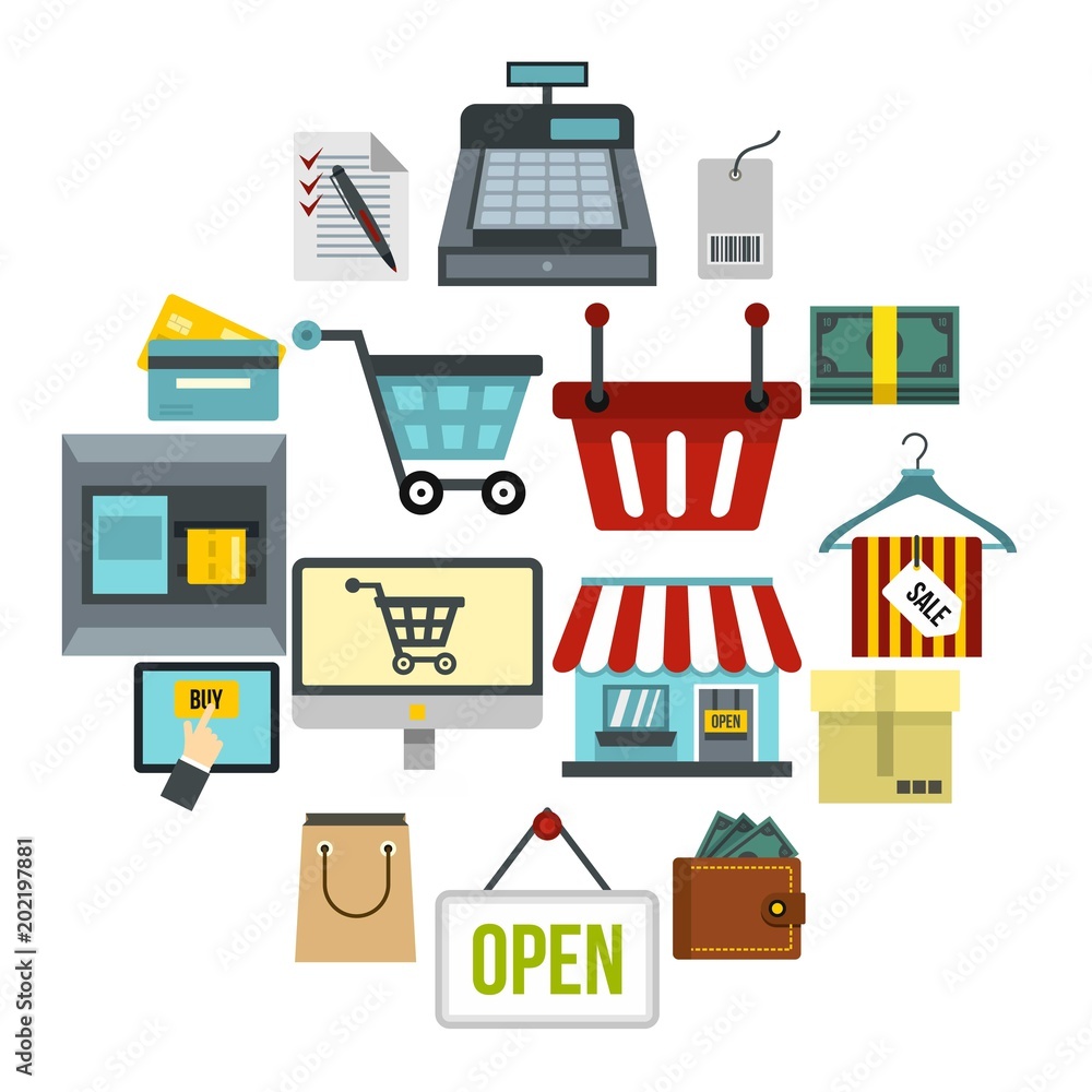 Poster flat shopping icons set. universal shopping icons to use for web and mobile ui, set of basic shoppin