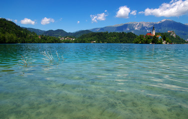 Lake Bled and mountains.