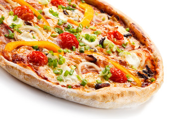 Pizza with ham and vegetables on white background